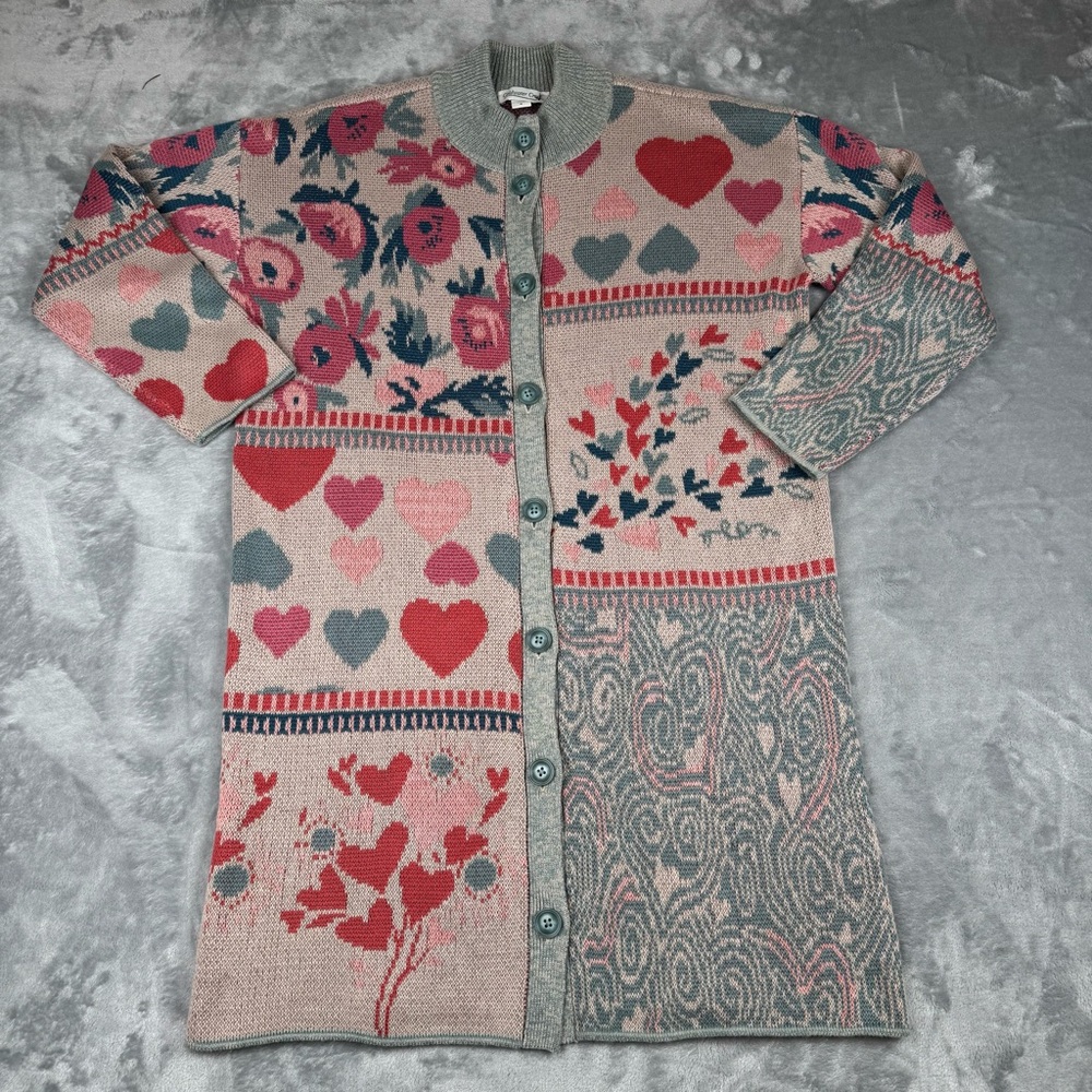 Coldwater Creek Cardigan Sweater Womens M Patchwork Hearts Floral Long Buttons